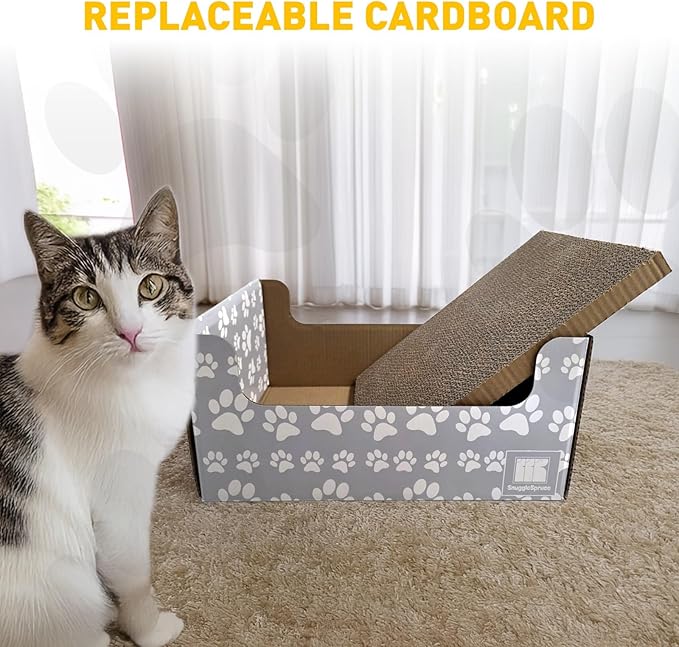 SnuggleSprunce 2-in-1 Cat Scratcher, Heavy Duty Scratching Toy, Eco-Friendly Cardboard Box with Refillable Double Sided Scratch Pad, for Cats and Kitty, Indoor Pet Furniture, Light Gray