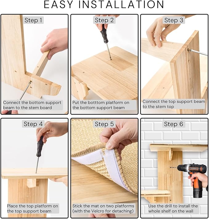 Cat Wall Shelves, Wall Mount Adult Cat Tree with 2 Steps 2 Sisal Scratch Mats, Solid Wood Kitten Perches Pet Climber for Indoor Play, Climb, Jump, Nap, Rest