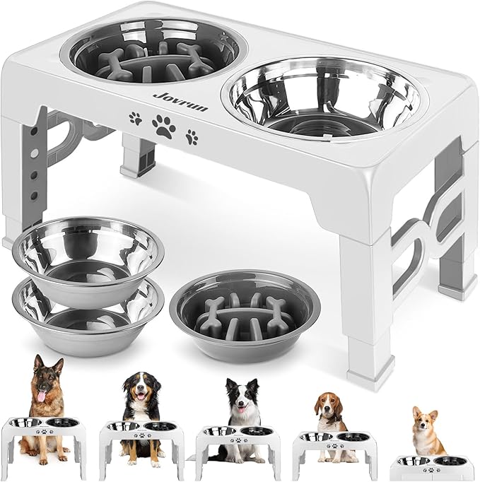 Elevated Dog Bowls, Dog Feeder with 2 Stainless Steel Dishes &1 Slow Feeder Bowl, 5 Heights Adjustable Raised Stand for Medium Large, Food Dishes with Non-Slip Feet