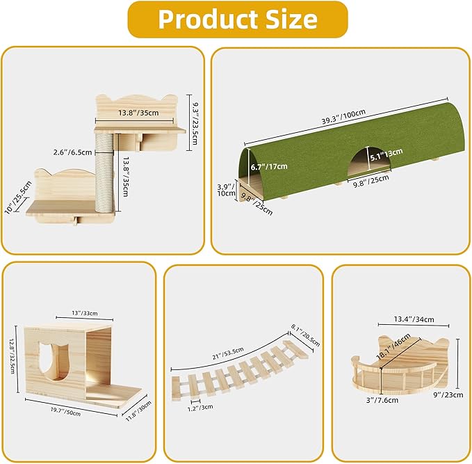 Wooden Cat Wall Shelves, Cat Wall Furniture Solid Wood Feline Shelf, 16 Piece Feline Shelves and Perches with Condos, House, Steps, Bridge Ladder, Scratching Post and Tunnel