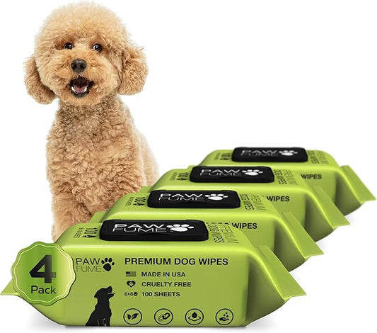 Pawfume Dog Wipes 4 x 100 Count, Pet Wipes – Hypoallergenic & Gentle Dog Wipes for Eyes, Face, Butt, and Paws – Cleaning & Deodorizing, Grooming Tear Stain Wipes for Puppy, Adult Dogs & Cats