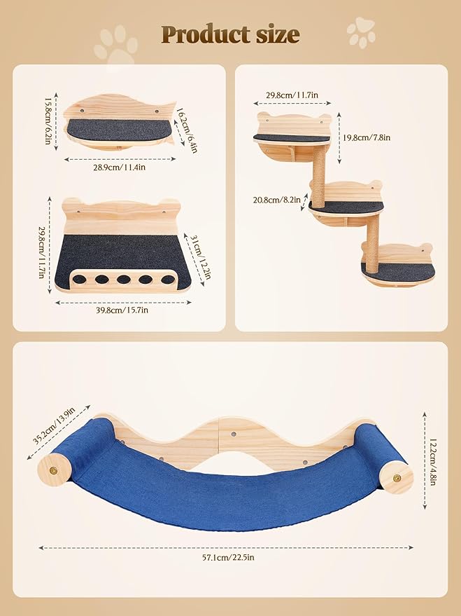 Cat Wall Shelves, 8 in 1 Cat Wall Furniture Set for Large Adult Kittens, Wooden Climbing Wall Shelves with Scratching Post, Hammock, Jumping Platform, Steps