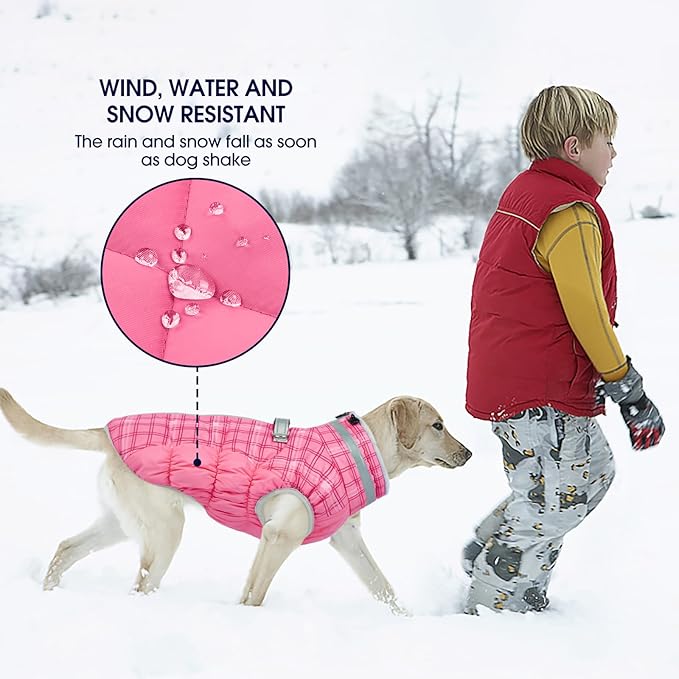 FUAMEY Dog Coat for Large Dogs,Waterproof Dog Winter Jacket with Harness Built in Puppy Cold Weather Coats Reflective Pet Vest with Zipper Warm Fleece Dogs Snowsuit Windproof Rose Plaid XL
