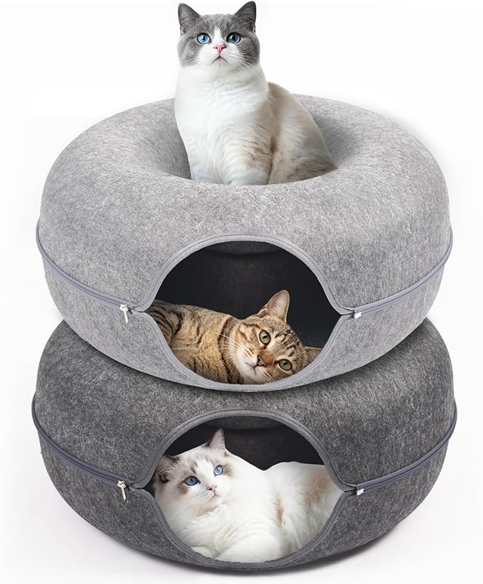Cat Caves for Indoor Cats, Large Cat Tunnel for Multiple & Large Cats, Scratch Detachable Cave Bed, Kitten Donut Kitty Hideaway Up to 45 Lbs