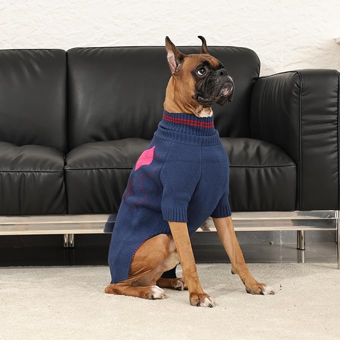 Boy Dog Sweater, Dog Sweaters for Large Dogs Boy, Winter Warm Pullover, Turtleneck Knit Dog Christmas Sweater with Sleeves, Soft Stretchy Knitwear for Cold Weather, Holidays - Blue L