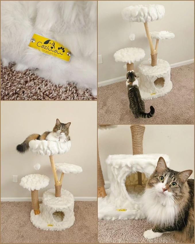 COZIWOW Cloud Cat Tree Tower, Solid Natural Wood Branches, Modern, Aesthetic, Unique, Cat-Approved, 34" L x 17.7" W x 41.7" H, White