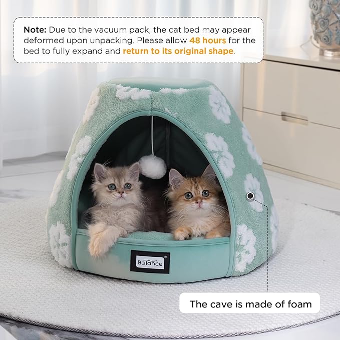BALANCE Cat Beds for Indoor Cats, 2-in-1 Cat Bed Cave with Anti-Slip Bottom and Ultra-Soft Plush, Cozy Cats House Tent for Kittens and Small Dogs, 19 Inches, Green