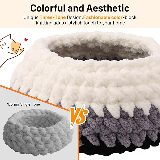 Cat Nest Bed Handwoven Washable Extra Soft Round Cave House Furniture for Indoor Kitten Cloud Black, White&Gray