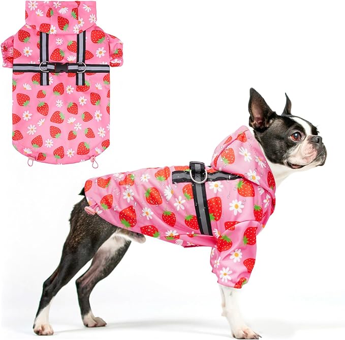 BEAUTYZOO Dog Raincoat Hooded with Harness Built-in for Small Medium Large Dogs Girls Boys, Dog Rain Jacket Slicker Poncho, Waterproof Dogs Rain Coat Clothes for Winter Rainy Snowy Days, Pink L