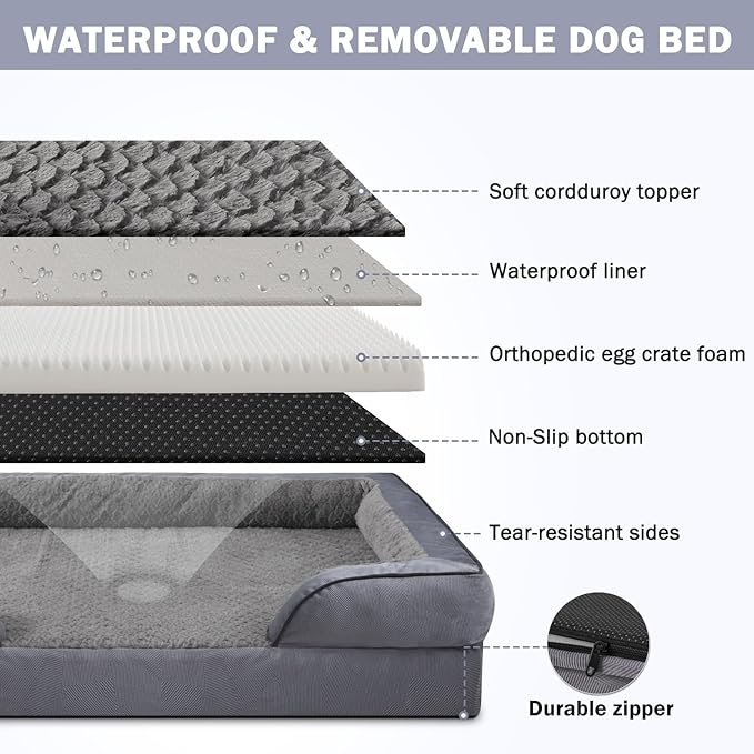 INVENHO Orthopedic Dog Beds Large Sized, XL Washable Dog Sofa with Egg-Crate Foam, Waterproof Lining and Non-Skid Bottom