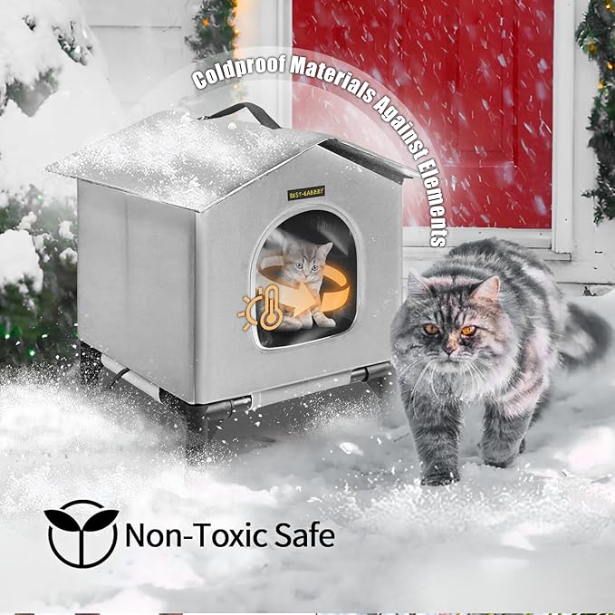 Heated Cat House for Indoor Cats in Winter, Waterproof, Fully Insulated Shelter for Stray and Feral Cats, Great for Cat Houses for Indoor Cats and Cat Beds for Indoor Cats (Grey-Heat, Medium)