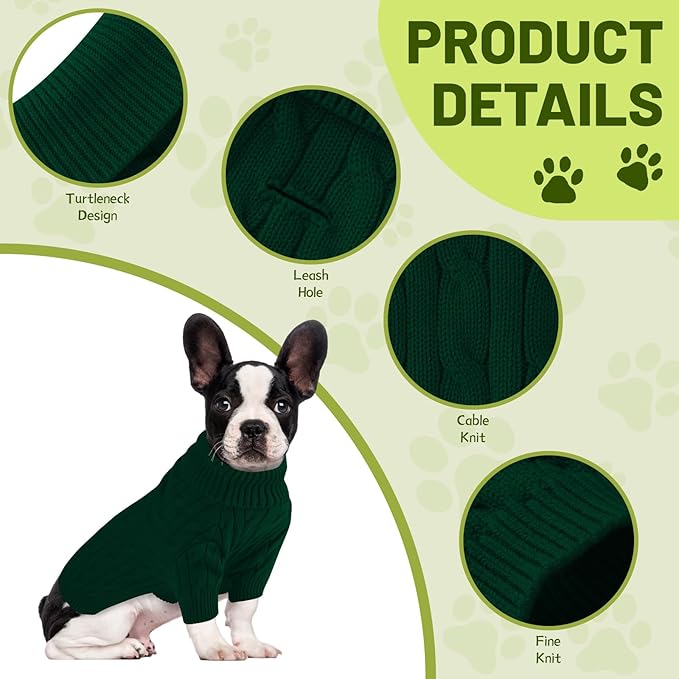 Small Dog Thermal Pullover Sweater, Classic Turtleneck Cable Knitwear Dog Clothes for Cold Weather Warm Pet Clothes for Chihuahua, Bulldog, Dachshund, Pug Green XX-Large