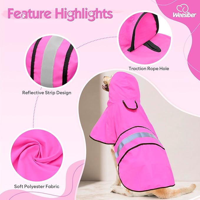 Weesiber Dog Raincoat, Waterproof Dog Rain Jacket Hooded Poncho Slicker, Lightweight Pet Rain Coat for Walking (M, Pink)