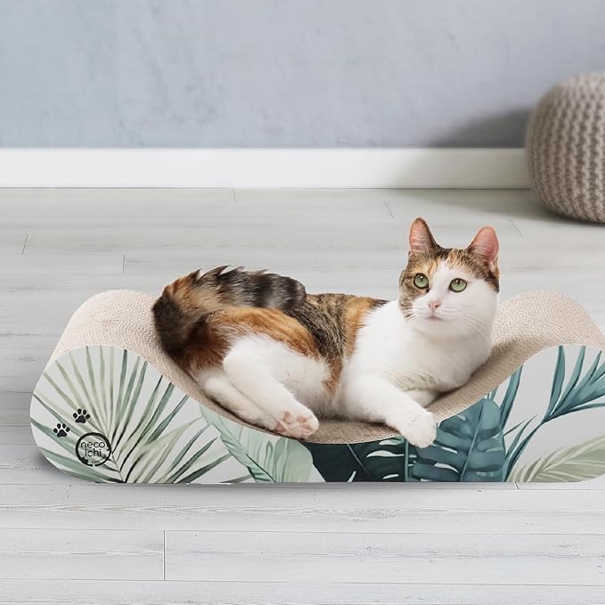 Necoichi Cardboard Cat Scratcher Bed for Indoor Cats - Cat Scratching Board, Horizontal Cat Scratch Pad Lounger with Reversible Usability and Extra Comfort for Lounge, Curved (23" Large, Oak)