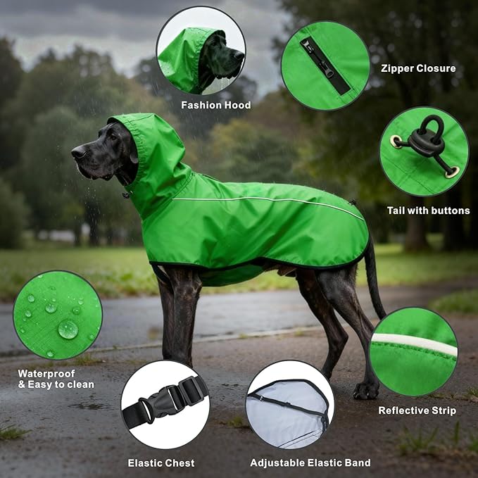 Mosucoirl Dog Raincoat Jacket Reflective Adjustable Hooded Pet Poncho Rain Coats with Leash Hole Waterproof Clothes for Small Medium Large Dogs (Green, XL)