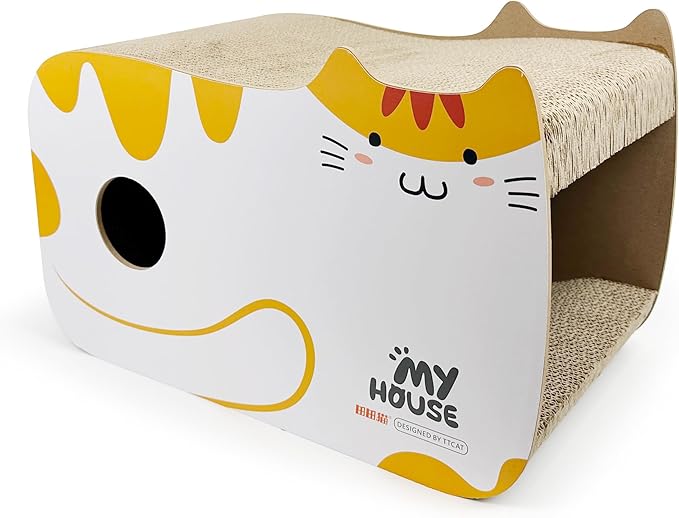 TTCAT Cute Kawaii Cat House Cat Scratching Pad Corrugated Cardboard Cat Scratcher Lounge, Durable Cat Scratching Board with Catnip for Furniture Protection.Yellow+White