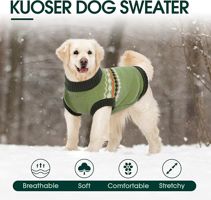 Kuoser Dog Sweater, Dog Sweaters for Large Size Dogs, Boy Girl Dogs Christmas Sweater, Pet Sweatshirt Outfits for Male Female, Warm Big Doggie Pullover Knitwear Clothes for Fall Winter, Green XL
