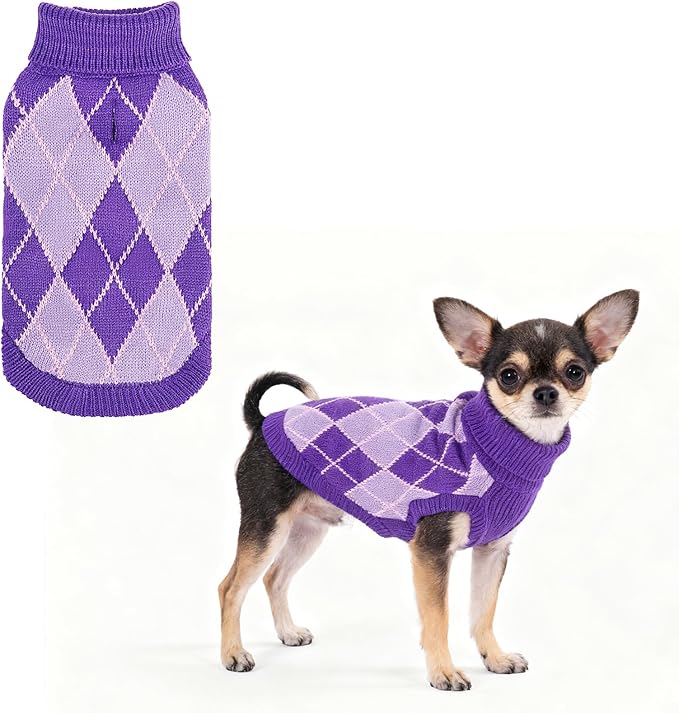 KOOLTAIL Small Dog Sweater, Knit Turtleneck Cold Weather Dog Sweaters for Medium Large Dogs,Soft Diamond Plaid Pullover Knitwear Pet Winter Warm Clothes,Pet Coat Puppy Sweater for Girls Boys,Purple XS