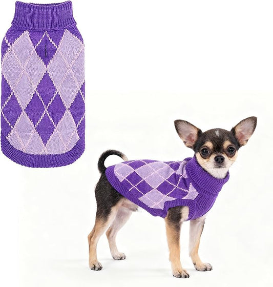 KOOLTAIL Small Dog Sweater, Knit Turtleneck Cold Weather Dog Sweaters for Medium Large Dogs,Soft Diamond Plaid Pullover Knitwear Pet Winter Warm Clothes,Pet Coat Puppy Sweater for Girls Boys,Purple XS