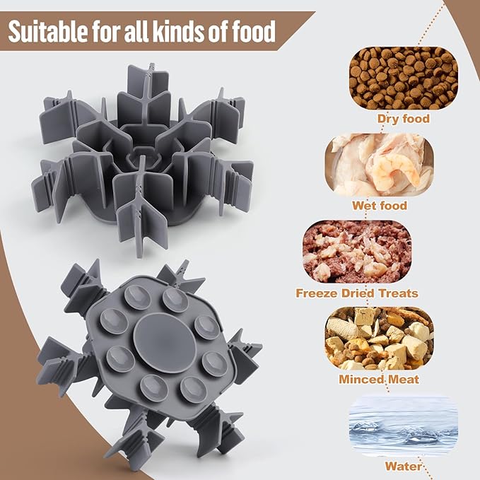 Dog Slow Feeder Insert, 2 PCS Adjustable Silicone Slow Feeding Dog Bowls Insert with 9 Suction Cups, Adjustable Length 4.7-7 Fits Ceramic/Stainless Steel Bowl for Different Dogs (Grey)