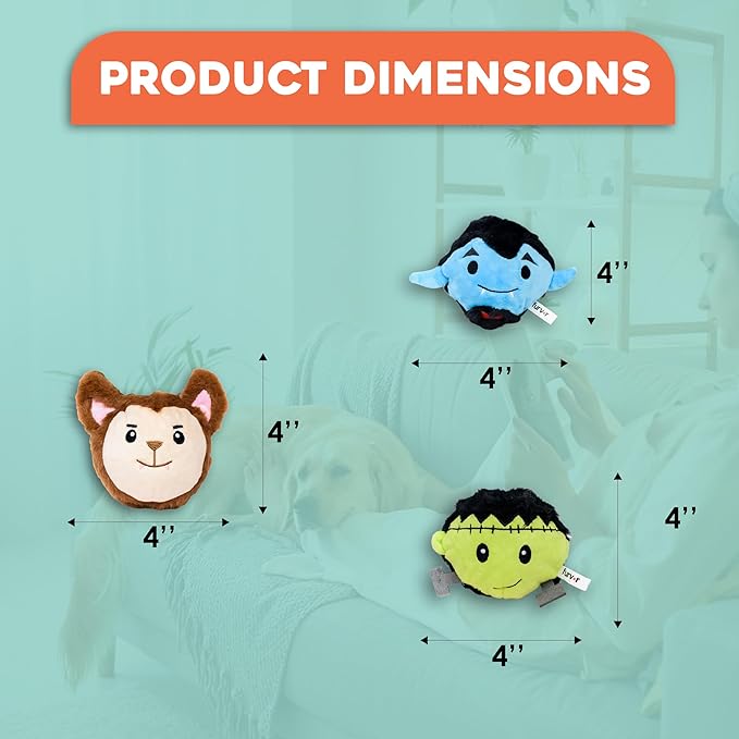 Flourish Pets 2 in 1 Halloween Pack of 3 Multi-Layer Chew Toy for Active Dogs | Non-Toxic BPA Free Double Stitched Soft Fabric and Long-Lasting Dog Plush Toys-Dracula, Frankenstein and Werewolf 3.5"