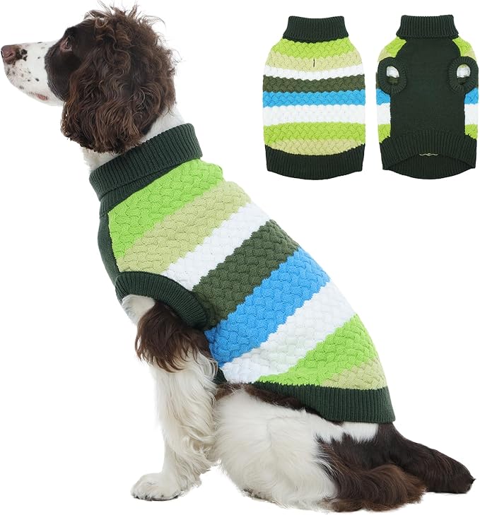 Kuoser Dog Sweater, Pet Cable Knitted Pullover Puppy Warm Clothes, Doggy Turtleneck Classic Knitwear Soft Thickening Doggie Outfit, Cold Weather Thermal Wear for Large Size Dogs, Green 2XL