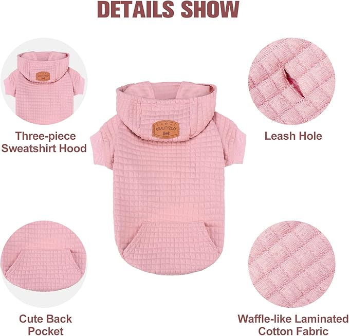 BEAUTYZOO Small Dog Hoodie Sweater with Pockets, Dog Clothes for Small Medium Dogs Boy Girl, Waffle-Like Laminated Cotton Pet Coats with Hat and Leash Hole, Pink XL