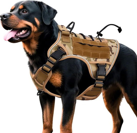 Heavy-Duty Tactical Dog Harness for Large Dogs, No Pull Adjustable Reflective Pet Vest with Molle System, K9 Military-Grade Control for Service Training, Outdoor & 10+ Breeds, Desert Camo, X-Large