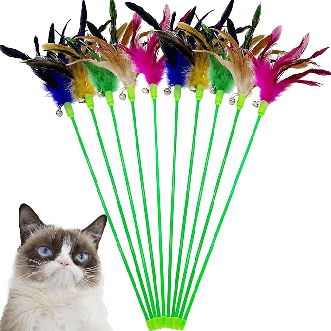 Interactive Cat Wand Feather Toys, 10 Pieces Feathers Stick Cat Toys for Indoor Cats Play