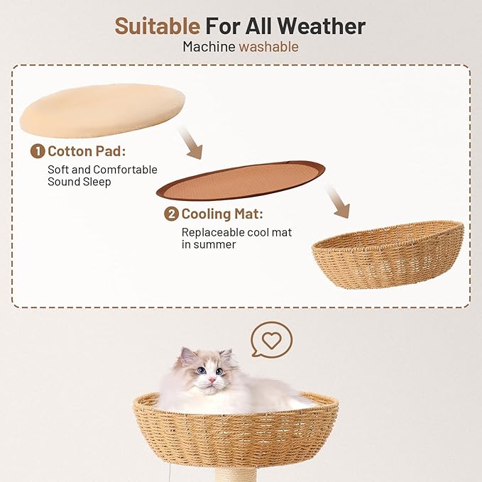 Modern Rattan Cat Tree House Condo Climbing Tower with Scratching Post for Indoor Large Adult Cat