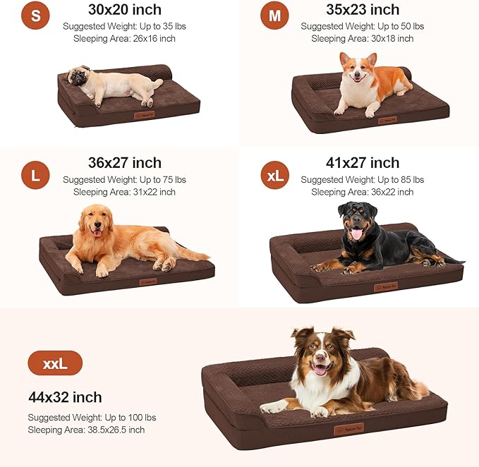 Orthopedic Dog Beds Large Sized Dog, Memory Foam Pet Bed for Large Dogs, Washable Removable Cover, Nonskid Bottom, Waterproof, 41x27x6 Inches, Brown Grey
