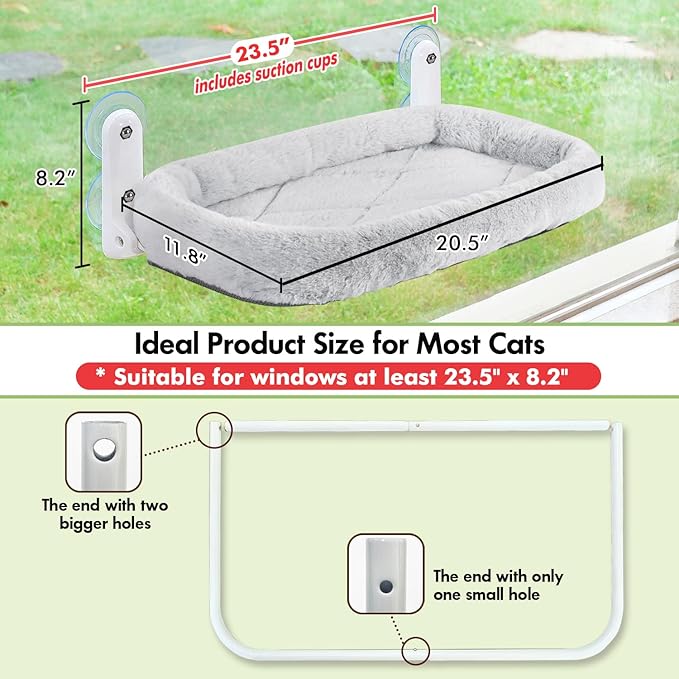 Cat Window Perch, Cordless Cat Hammock Window Seat with Cozy Pad Bed Cover for Indoor Cats, Durable Metal Frame Support Pet Bed with 4 Suction Cups for Large Cats (Cushion Pad Bed - Grey)