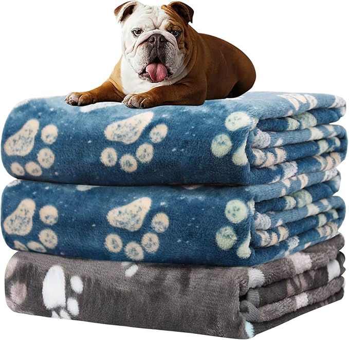 Rezutan Dog Blankets for Medium Pet, 3 Pack Blanket Fuzzy Cat Blankets Washable, Soft Comfort Flannel, Reversible Dog Paw Print, Gifts Puppy Essentials, 30 x 20 inch, 2Blue & 1Gray
