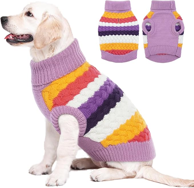 Kuoser Dog Sweater, Pet Cable Knitted Pullover Puppy Warm Clothes, Dog Turtleneck Classic Knitwear Soft Thickening Outfit, Cold Weather Xmas Thermal Wear for Large Size Dogs, Purple 3XL