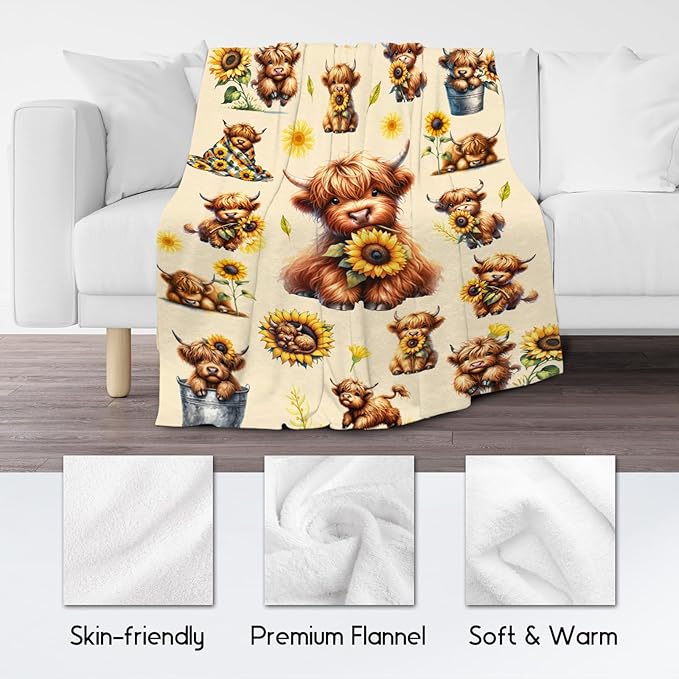 Kids Throw Blankets, Highland Cow Blanket Gifts for Girls, Cow Gifts with Sunflower, Warm Flannel Throw for Couch, 30"x40"