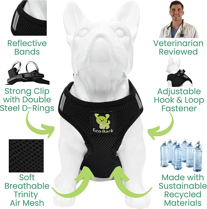 EcoBark Step in Dog Harness - Eco-Friendly Teacup Dog Harnesses for XXS, XS, and Small Dogs - Reflective and Adjustable Mini Body Halter Vest -Tiny Soft Mesh Toy Breed Harness Under 5 lbs (Black, XXS)