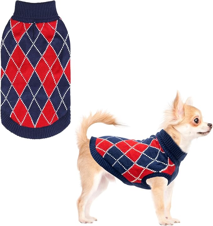 KOOLTAIL Small Dog Sweater - Knit Turtleneck Cold Weather Pullover for Medium Large Dogs, Soft Diamond Plaid Knitwear Winter Warm Clothes, Pet Coat for Puppy Cat Girls Boys XS