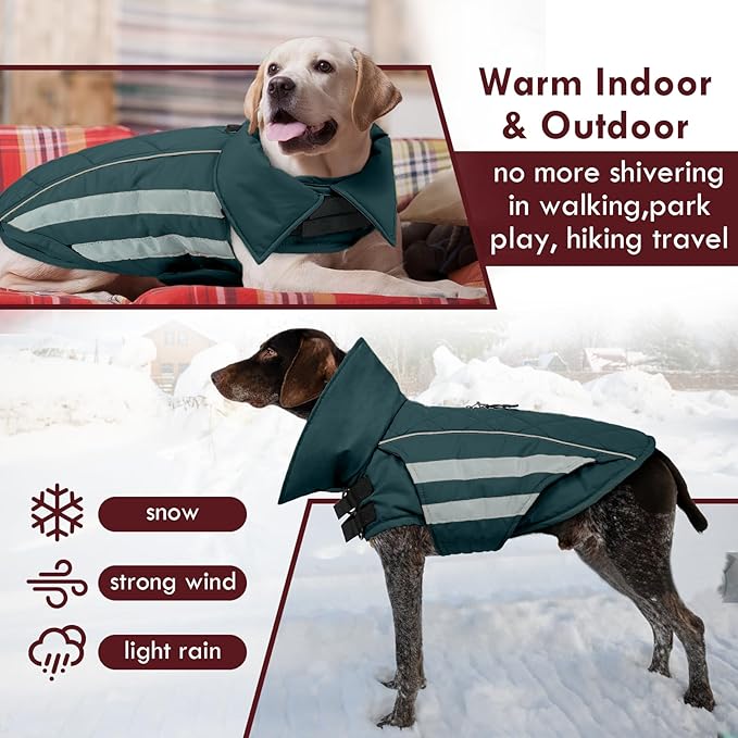 Dog Coat for Large Dogs Winter Waterproof Dog Jacket with Harness Reflective Turtleneck Hook & Loop Snowsuit Warm Fleece Snow Jackets Thermal Cold Weather Coats, Green 3XL