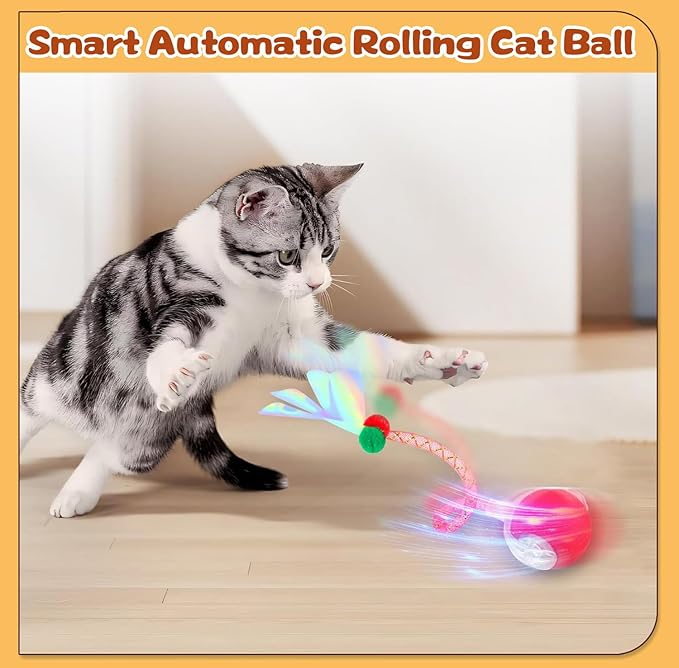 Interactive Cat Toys for Indoor Cats, Speedy Moving Ball Cat Toys with Colorful Tail, Smart Interactive Cat Rolling Ball (Red)