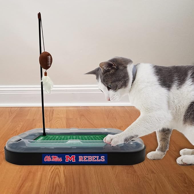 Cat Scratching Toy NCAA Louisville Cardinals Football Field Cat Scratcher Toy + Interactive Cat Ball Bell in Tracks. 5-in-1 CAT Toy: Cat Wand Poll + Catnip Filled Plush Football & Feathers