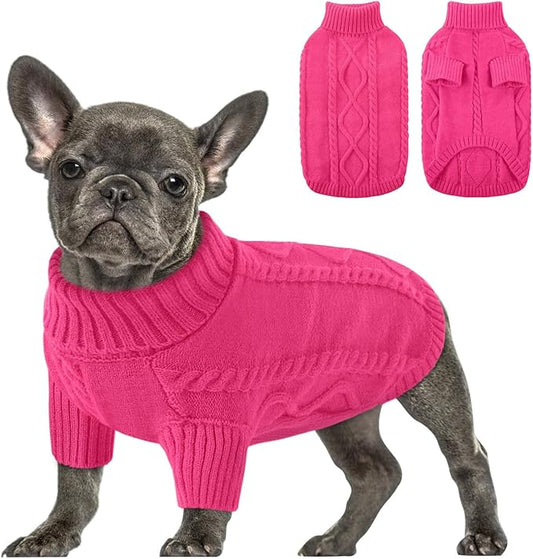 Queenmore Small Dog Pullover Sweater, Cold Weather Cable Knitwear, Classic Turtleneck Thick Warm Clothes for Chihuahua, Bulldog, Dachshund, Pug (Fuchsia, Small)