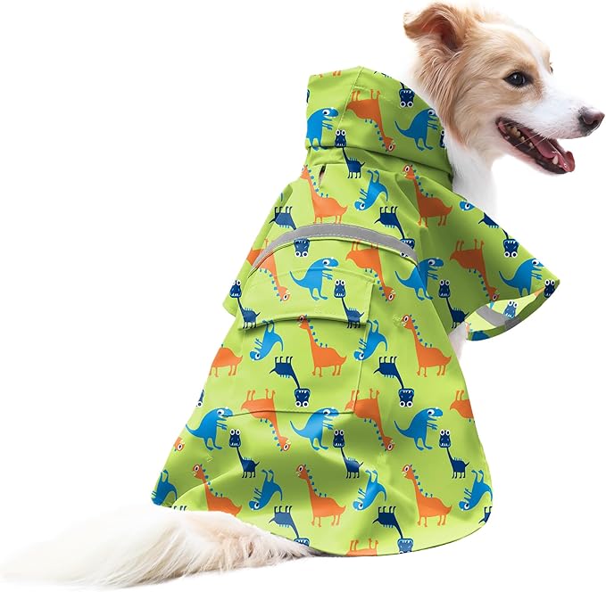 NACOCO Large Dog Raincoat Adjustable - Pet Dinosaurs Water Proof Clothes Lightweight Rain Jacket Poncho Hoodies with Strip Reflective Green (XXXL, Green Dinosaur)