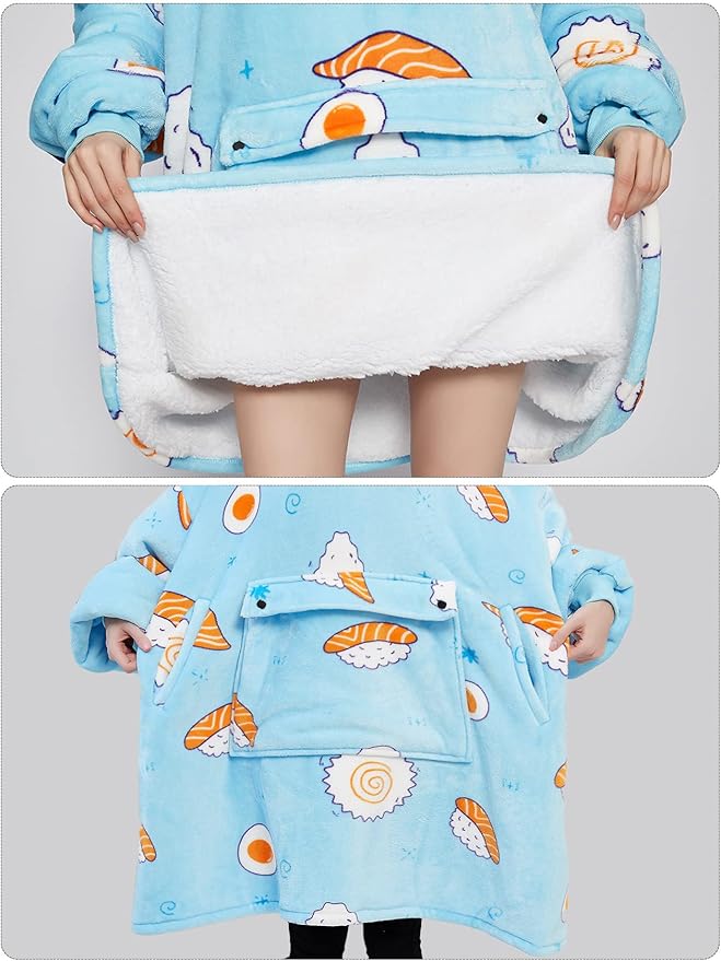 KFUBUO Wearable Blanket Hoodie for Adults Sherpa All Patterns Sushi Oversized Sweatshirt Blanket with Pockets Cute Birthday Gifts for Women