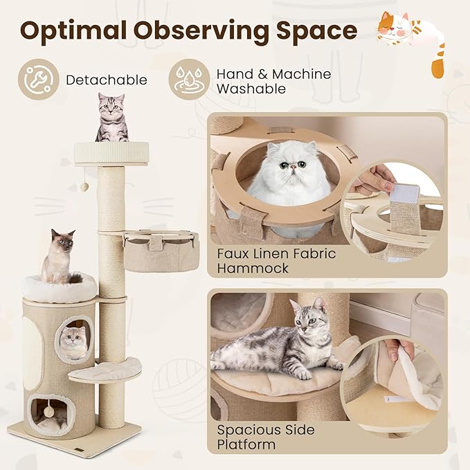 PETSITE 61 inch Cat Tree Tower, Multi-Level Wooden Cat Tower with Sisal Scratching Posts & Board, 2-Tier Condo, 2 Perches, Side Basket, and Interactive Sisal Ball