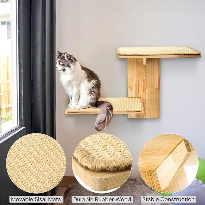 Cat Wall Shelves, Wall Mount Adult Cat Tree with 2 Steps 2 Sisal Scratch Mats, Solid Wood Kitten Perches Pet Climber for Indoor Play, Climb, Jump, Nap, Rest