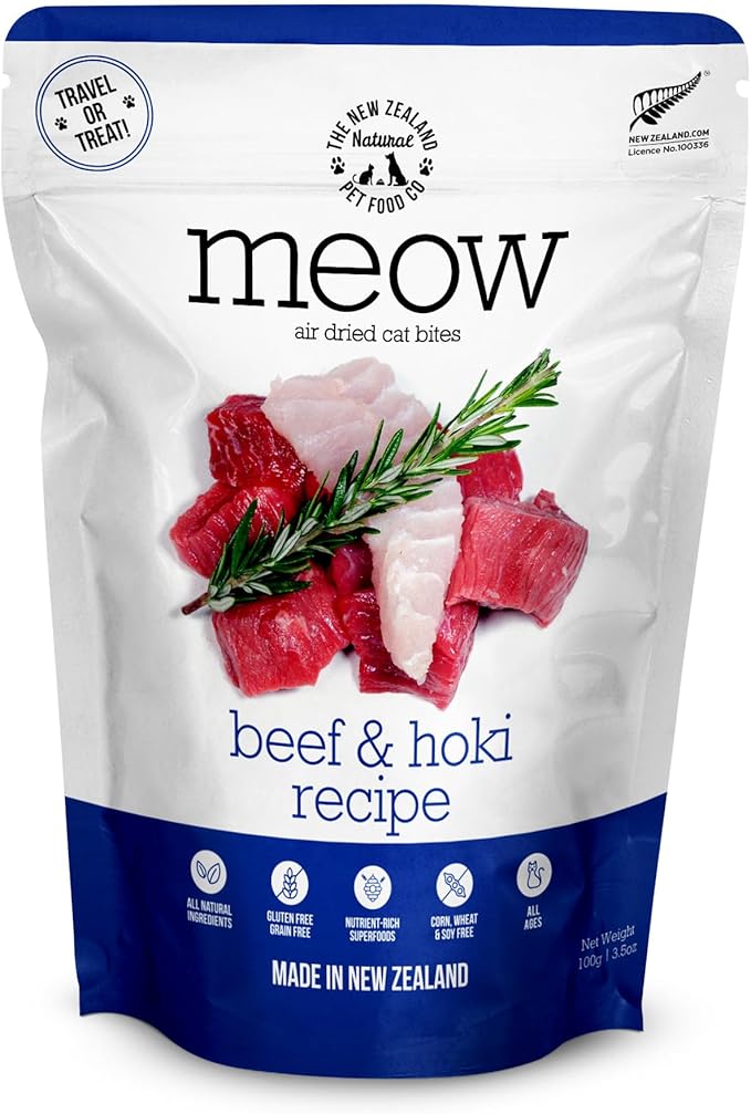 The New Zealand Natural Pet Food Co Meow Air Dried Cat Food - Beef & Hoki Recipe,High Protein Dry Cat Food, Training Treats, Meals & Toppers,3.5oz
