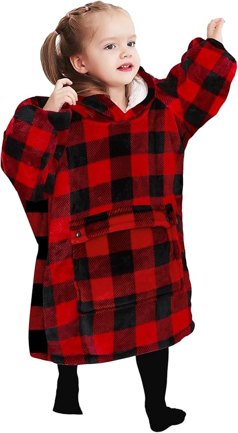 KFUBUO Wearable Blanket Hoodie for Kids Toddlers Sherpa Blanket Sweatshirt With Pocket Cute Hoodies 2-6 Year Old Girl Boy Christmas Gifts Red Plaid