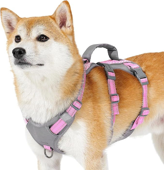 Huntboo Reflective Dog Harness with Handle, Escape Proof, No Slip, Breathable, Lightweight, Adjustable Lift Harness for Small, Medium, and Large Dogs Walking, Training, and Running Gear(Light Pink,S)