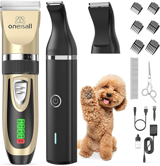 oneisall Dog Grooming Clippers and Paw Trimmer Kit 2 in 1 Quiet Cordless Dog Clippers for Grooming Pet Hair Paws Trimmers for Small Dogs Cats Animals