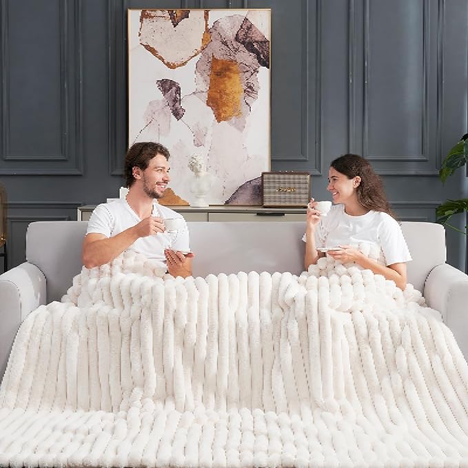 Cozy Bliss Faux Fur Throw Blanket for Couch, Cozy Warm Plush Striped Blanket for Sofa Bedroom Living Room, 90 * 90 Inches Cream White